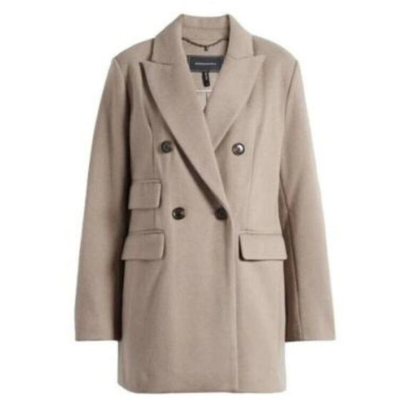 BCBGMAXAZRIA Womens Peak Lapel Double Breasted Coat Large Stone Taupe Classic - Picture 1 of 13